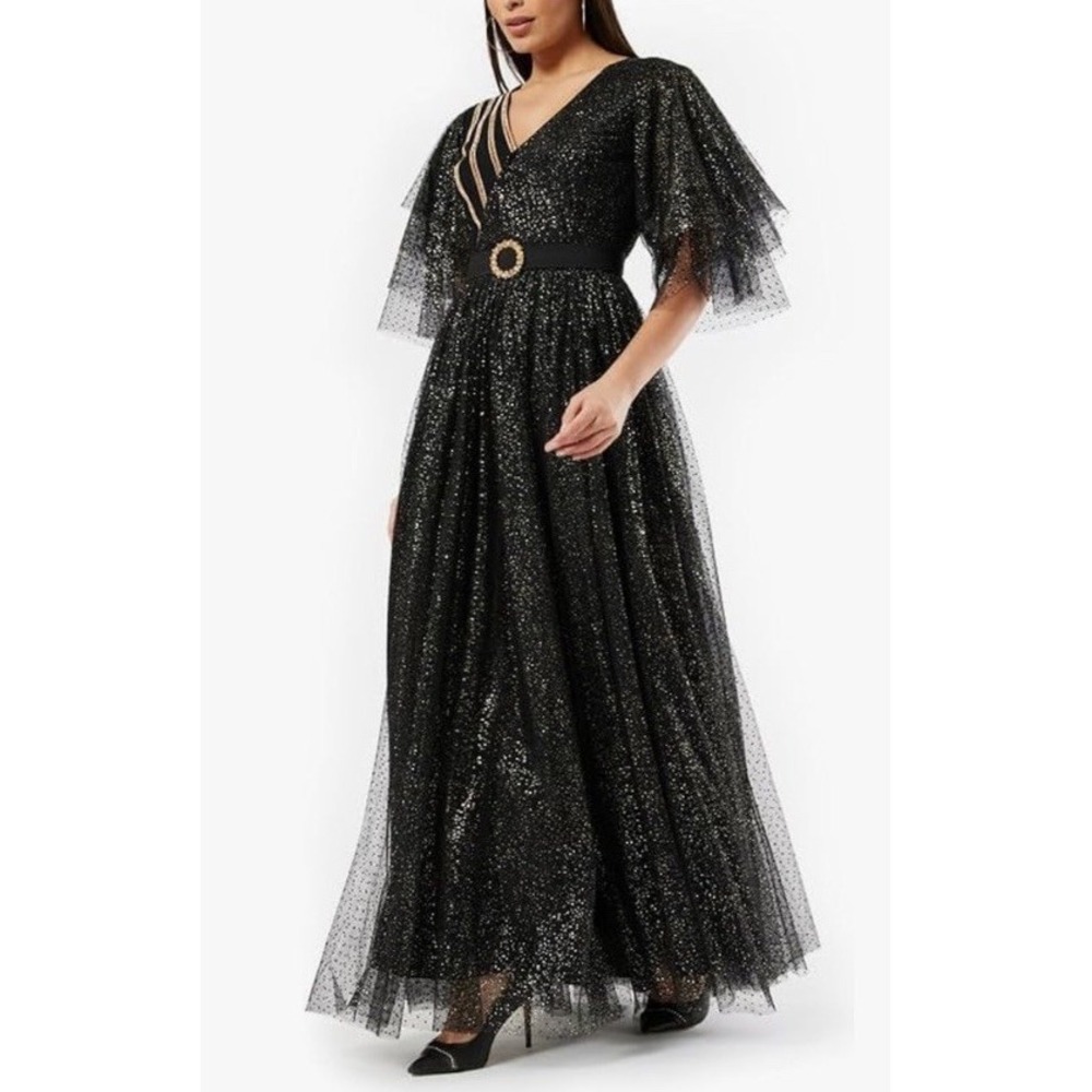 Amri Size Large Glitter Dot Tulle Maxi Dress Wrap Butterfly Sleeve Crystal Belt